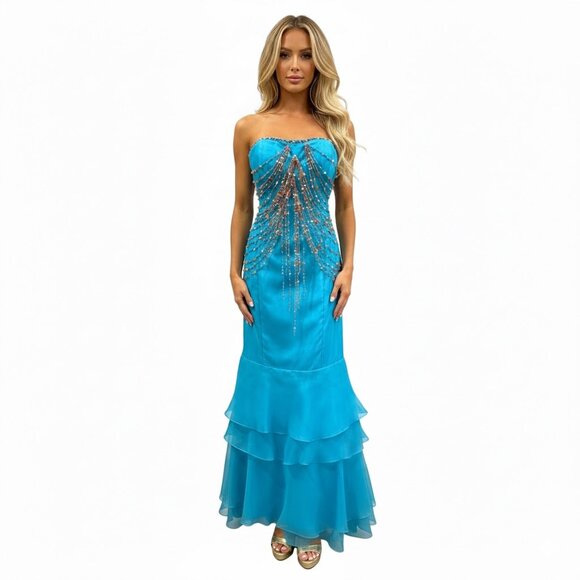 Strapless Turquoise Beaded/Shell Prom Dress - Picture 1 of 7